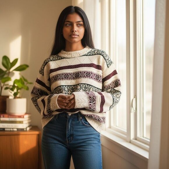 Vintage Sweaters - NEW Vintage 80s Interim Geometric Knit Grampacore Sweater Size Large